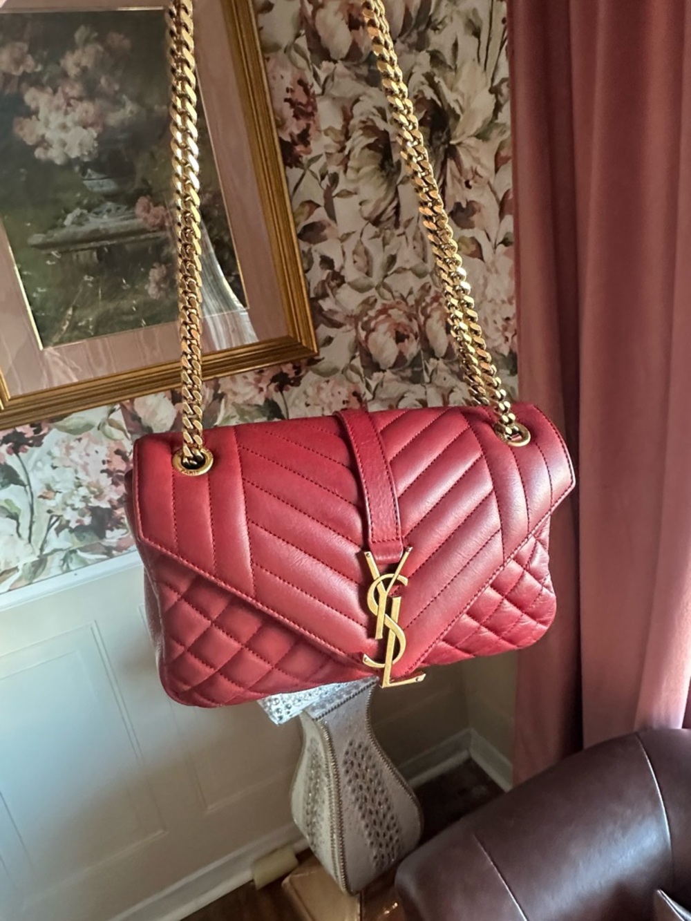 Saint Laurent Red Quilted Leather Monogram Chain Shoulder Bag